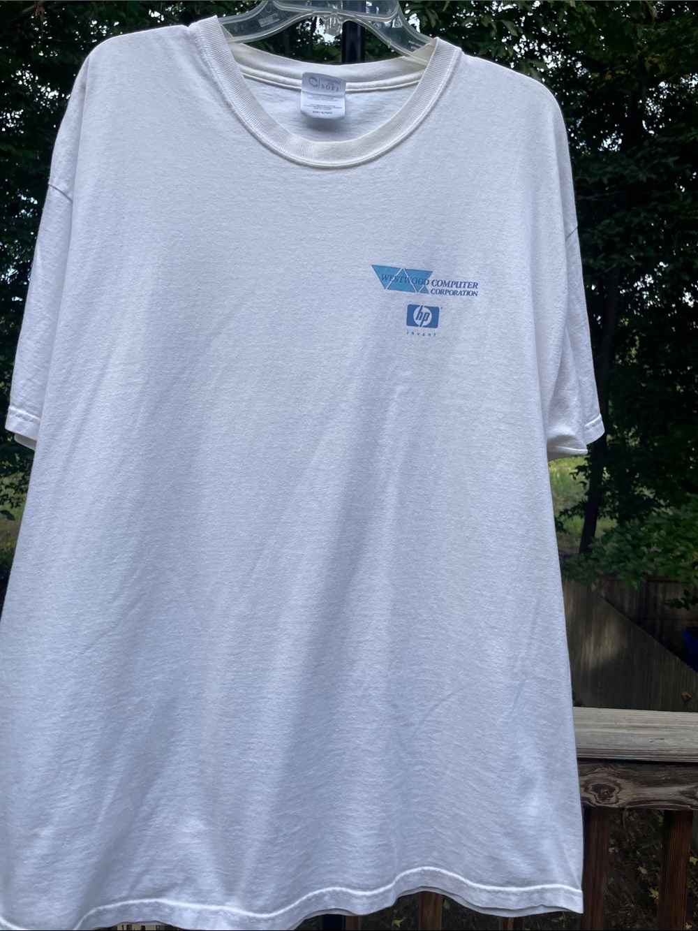 HP White Men’s Crew T‑Shirt with Small Blue Logo with 3 stains on back